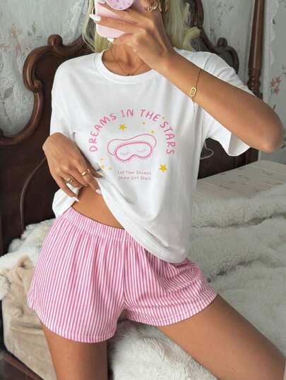Teen Girl Summer Cute Slogan & Star Print Loose Shoulder Top And Striped Elastic Waist Shorts Pajama Set