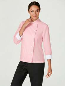 TaskEZ Women's Contrast Color Button-Up Collar Long Sleeve Work Uniform Chef Jacket In 3- 4th Sleeve For Women - Pink - View 3