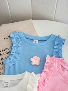 Emery Rose Kids 3pcs Young Girl Knitted Solid Color 3D Floral Ruffle Trim Casual Vest Set - Multicolor - View 7