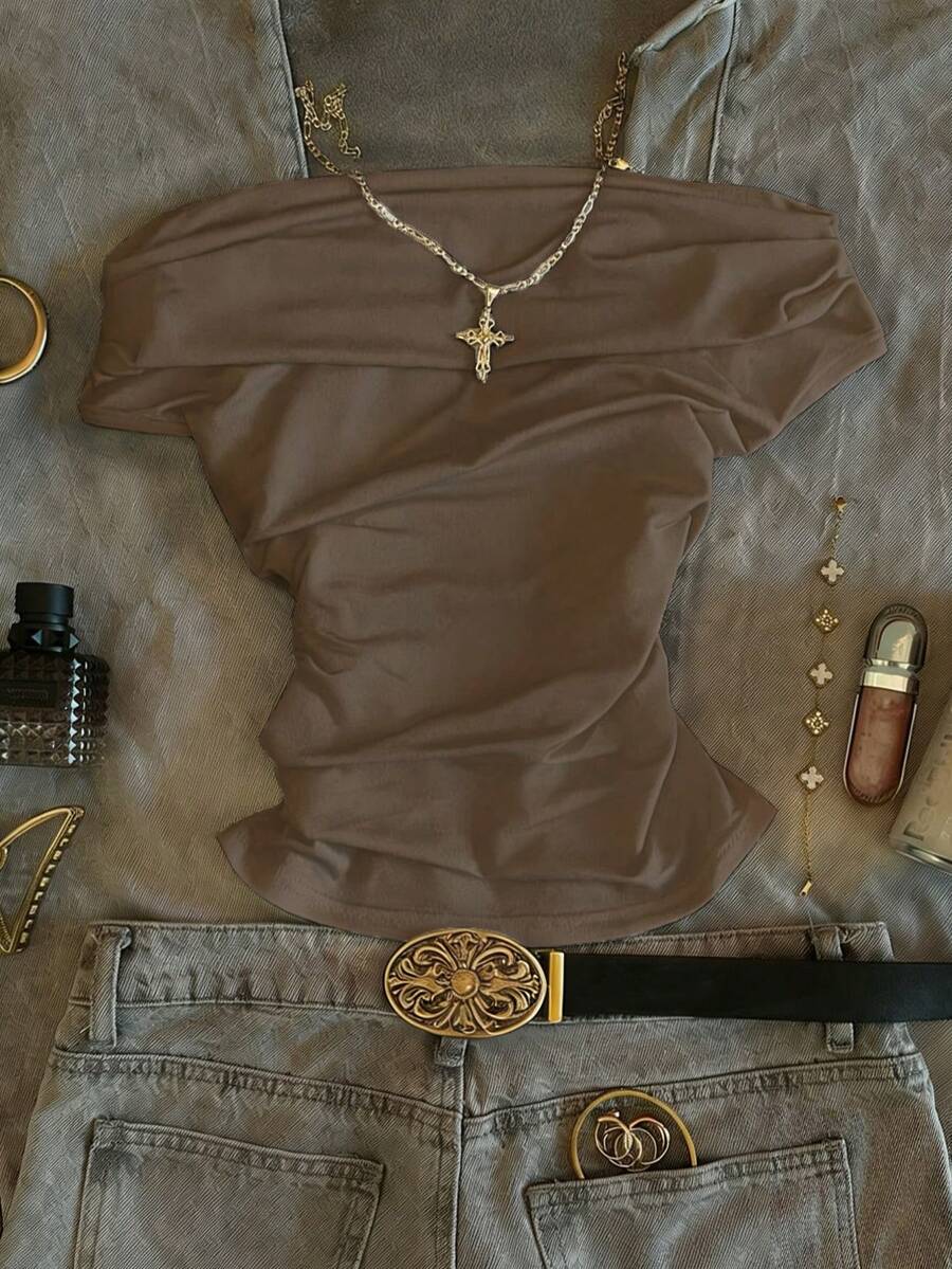 女士纯色简约露肩T恤，休闲日常穿着 - 棕色 - 查看 1