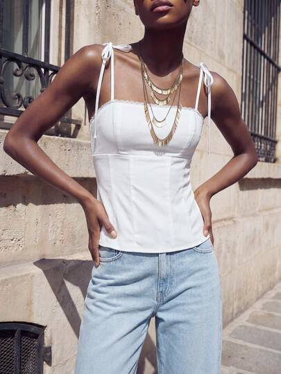 Maija Women's Summer Minimalist Solid Color Shoulder Tie Contrast Lace Camisole