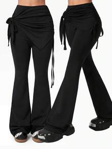 Mulvari Quần legging nữ kiểu dáng thường ngày, có dây rút, kiểu 2 trong 1. - màu đen - Xem 1