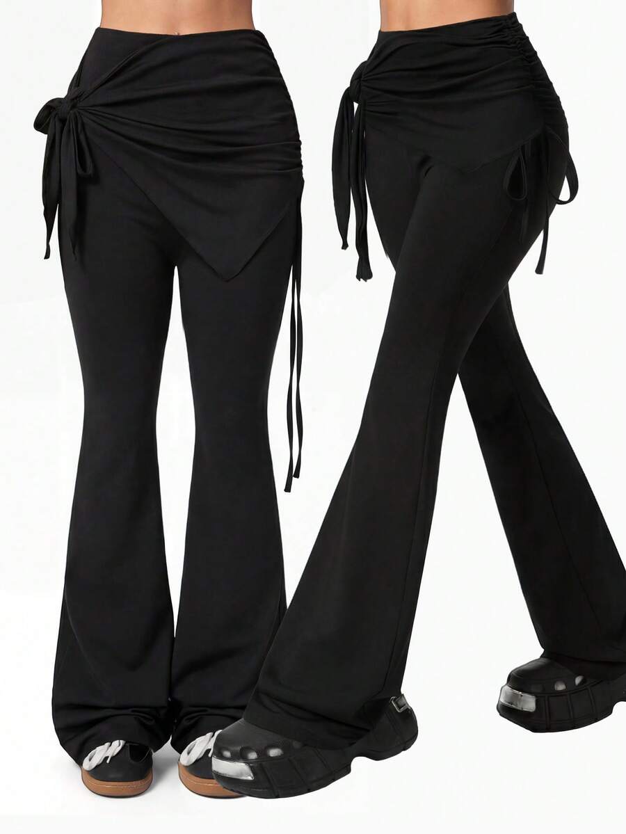 Mulvari Quần legging nữ kiểu dáng thường ngày, có dây rút, kiểu 2 trong 1. - màu đen - Xem 1