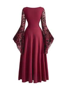 ROMWE Gothic Style Flocked Cross Floral Pattern Mesh Patchwork Lace-Up Waist Maxi Dress For Women, Halloween - Burgundy - View 2