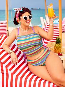 Swim Vcay Plus Size Colorblock Striped Print Drawstring Tie-Front Tankini Swimsuit Set - Multicolor - View 5