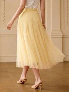 ZEYLAH 女士纯色网眼编织喇叭裙，情人节 - 黃色 - 查看 3