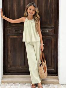 Sparklyn Girls Fashionable Versatile Camisole And Pants 2pcs Set,Backless Button Design,Woven Fabric,Relaxed Straight Leg,Pastel,Summer,Casual,Vacation,Holiday - Beige - View 3