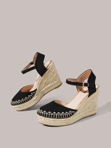 Styleloop Ladies Slope Heel Thick Sole Round Toe Woven Beach Vacation Fisherman Sandals, Travel Essentials, Vacation Wear, Summer Wear, Vacation Atmosphere - Black - View 6