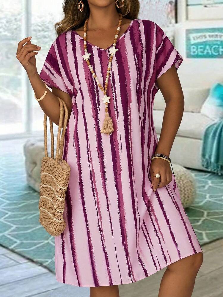 Plus Size Casual Vacation Contrast Striped Batwing Sleeve Midi Dress,Vacation Outfits Woman Summer Outfits For Women Office Wear, Vacation Outfits Woman Summer Outfits For Women Festival BohosBoho,Holiday Outfit