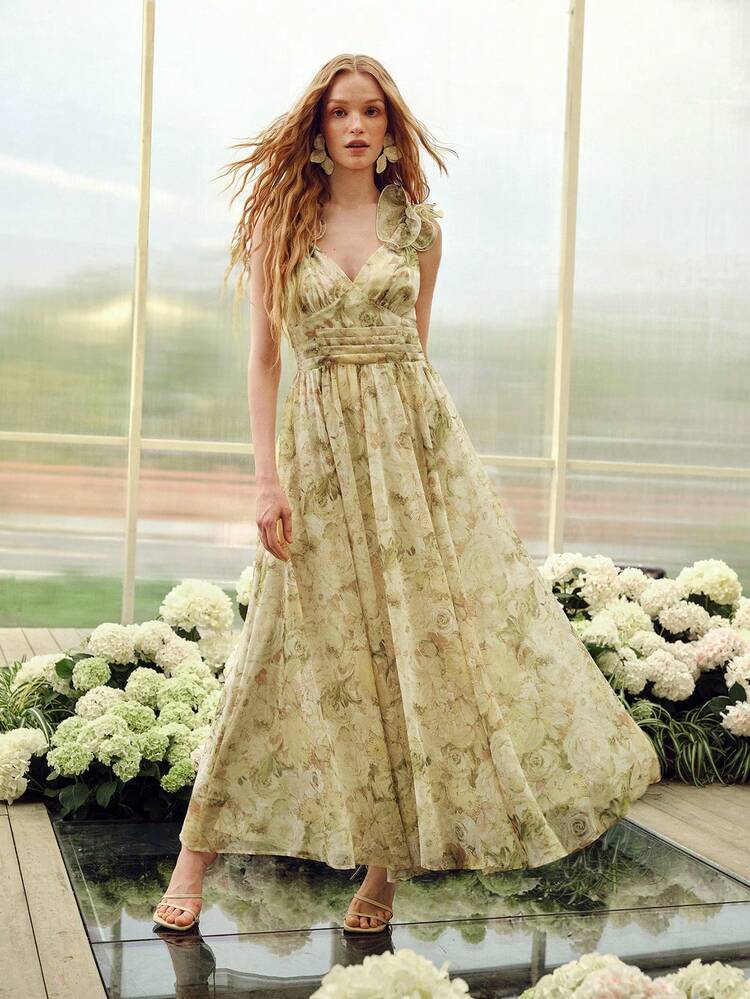 WOMEN'S RUFFLE STRAP FLORAL PRINT MAXI A-LINE DRESS