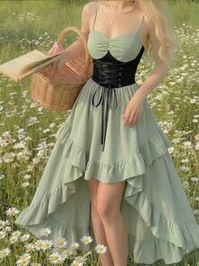 SHEIN MOD Đầm vintage nữ phối màu tương phản cổ tim, thắt dây chéo, xếp nếp, vạt bất đối xứng. - Nhiều màu - Xem 1
