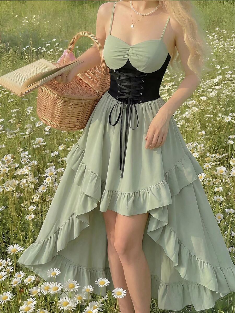 SHEIN MOD Đầm vintage nữ phối màu tương phản cổ tim, thắt dây chéo, xếp nếp, vạt bất đối xứng. - Nhiều màu - Xem 1