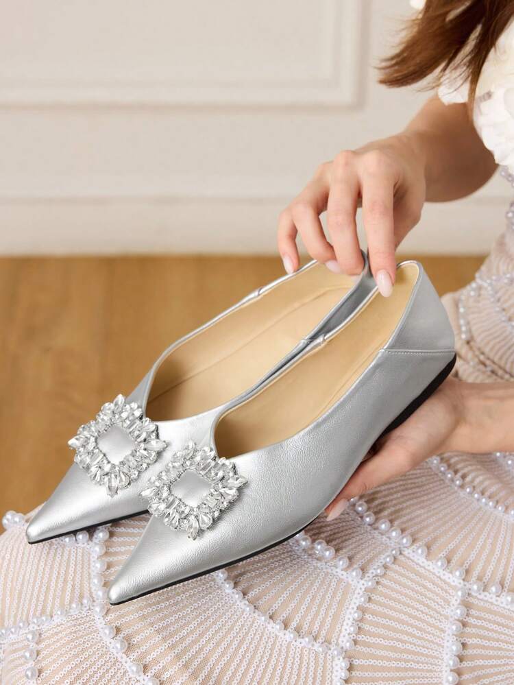 CUCCOO HITCHD Pointed Toe, Low Vamp, Rhinestone Square Buckle, Flat Bottom, Comfortable And Versatile, Fashionable Soft Sole, Elegant Fairy, Shoes, Silver Women's Shoes.