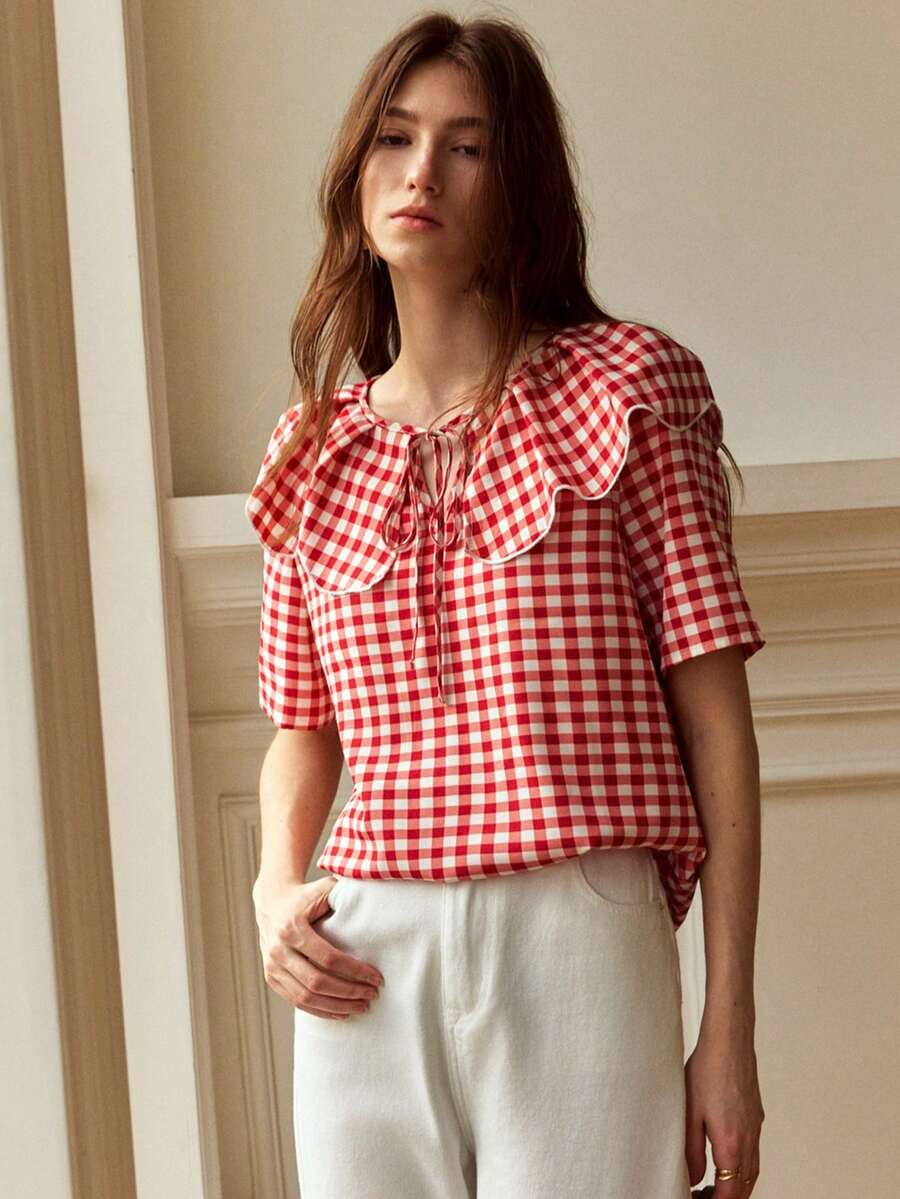 SHEIN Áo sơ mi nữ kiểu dáng thường ngày, thích hợp cho kỳ nghỉ, đi làm, mùa hè, thanh lịch, lễ tốt nghiệp, kẻ caro, đen trắng.