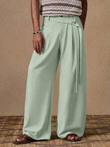 AKNOTIC Business Casual 男士寬腿長褲，金色鈕扣與腰部包覆式束帶設計，寬鬆版型，度假風，夏季時尚，足球風格 - 薄荷綠 - 查看 8