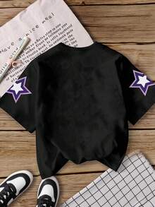 Pink And Black Summer Cute School Tween Girl Vibe Graphic Tee,Virtual Girl Group Character Star Print Contrast Color Letter Slogan Fashion Casual Top - Multicolor - View 2