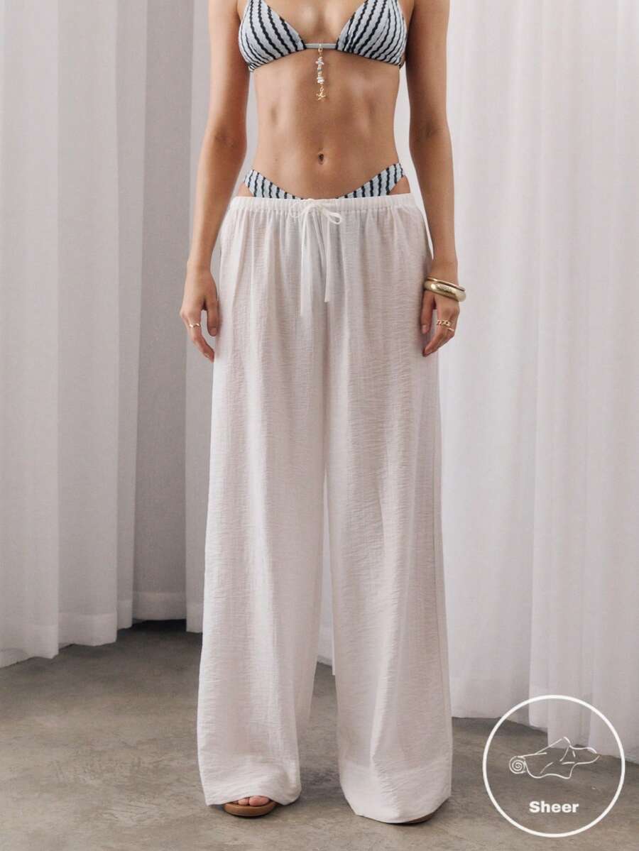 Aralina 女款夏季紋理皺褶面料半透明彈性抽繩腰寬腿外出度假海灘休閒長褲 祭典風 - 白色 - 查看 1