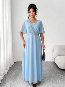 GlowEve CURVE Plus Size French Style Floral Applique Chiffon Flared Dress, Waist Cinched Slimming Silhouette, Vacation Vibe Summer Dress - Blue - View 5