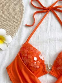 Soleia 春夏新款休闲度假西部海滩婚礼宾客礼服，毕业早午餐，圣帕特里克节春假，复活节音乐节，优雅波西米亚热带风情露背亮片派对情人节系带金属装饰女款 - 橘色 - 查看 5