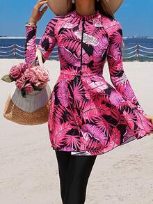 Swim Shayni 女士沙滩度假热带印花半拉链长袖布基尼套装 - 粉色 - 查看 1