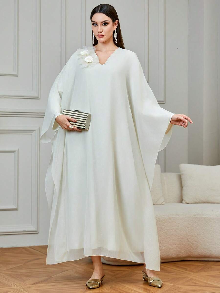 Al Najma Women's Chiffon Poncho With 3D Floral Decor, V-Neck, Loose And Slimming Long Cardigan - Beige - View 1