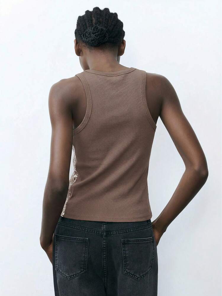 SHEIN Maija Women's Brown Shiny Chic Urban Design Patchwork Sequin Round Neck Casual Tank Top, Summer