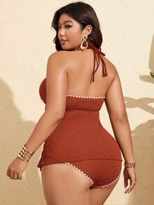 SHEIN Swim Curve 大码女士黑色V领双肩带V领收腹坦克背心式泳衣套装，时尚夏季海滩度假之选 - 摩卡棕 - 查看 2