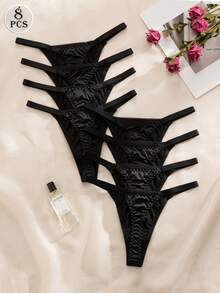 8件套黑色舒适女士内裤，休闲丁字裤，弹力面料 - 黑色 - 查看 3