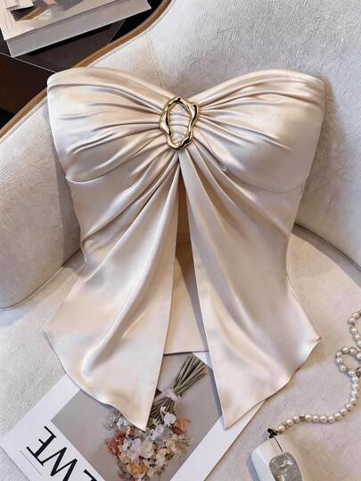 GlowEve Top bandeau de satén color champán con pliegues y anillo metálico, adecuado para uso diario, bodas, galas, ir al trabajo, fiestas de graduación, vacaciones, citas, Pascua, fiestas, Halloween, Navidad, Año Nuevo, Acción de Gracias, ropa de novia