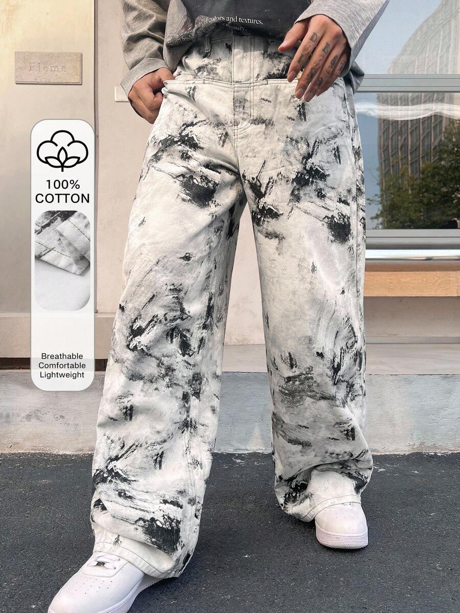 Spring Tie-Dye Men's Wide Leg Loose Casual Jeans - Multicolor - View 1