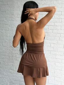 Jeanoix Solid Color Waist Cinched Ruched Sleeveless Ruffle Hem Dress - Black - View 2