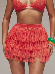 MUSERA Váy ngắn xếp tầng tua rua đính sequin, thích hợp cho mùa xuân hè, lễ hội Ibiza, kỳ nghỉ, dễ thương, gợi cảm, phong cách Y2K, đi chơi đêm, câu lạc bộ, nhiệt đới, quyến rũ. - trái cam - Xem 1