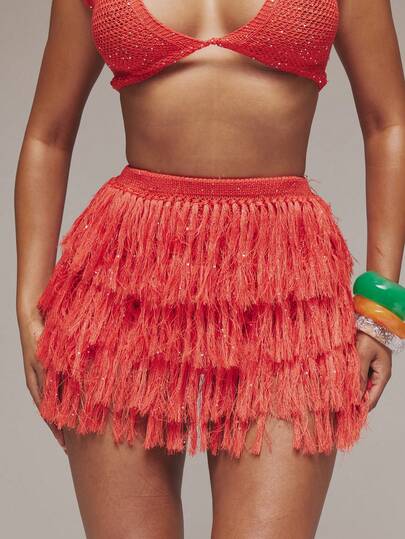 MUSERA Sequin Crochet Knit Tiered Fringed Mini Skirt Spring Summer Ibiza Festival Holiday Vacation Cute Sexy Y2k Night Out Club Tropical Seduction