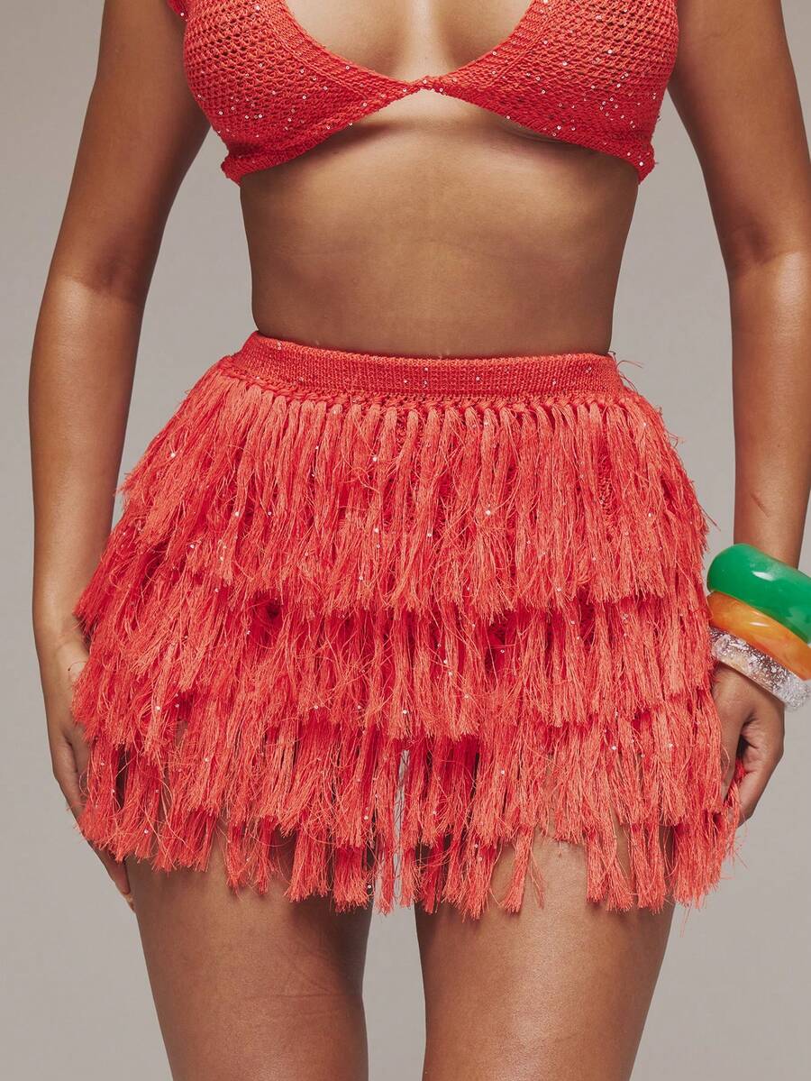 MUSERA Váy ngắn xếp tầng tua rua đính sequin, thích hợp cho mùa xuân hè, lễ hội Ibiza, kỳ nghỉ, dễ thương, gợi cảm, phong cách Y2K, đi chơi đêm, câu lạc bộ, nhiệt đới, quyến rũ. - trái cam - Xem 1