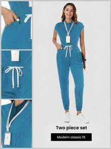 TaskEZ Mono de uniforme de pijama con bolsillo de cordón y manga corta - Azul menta - Ver 1