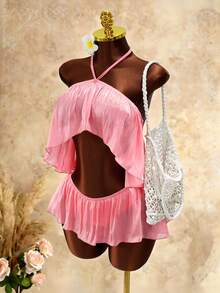 Mistrie Ruched Neck Flowy Pleated Mini Skirt Dress, Sweet Girl Style Vacation Dress - Pink - View 4