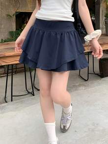 DAZY 女款純色蛋糕裙附安全內褲校園風 - 藏蓝色 - 查看 4