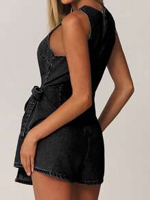 SHEIN Forever 21 Women's Solid Color Denim Dungarees And Jumpsuit, Minimalist & Fashionable, Suitable For Summer - Black - View 2