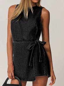 SHEIN Forever 21 Women's Solid Color Denim Dungarees And Jumpsuit, Minimalist & Fashionable, Suitable For Summer - Black - View 6