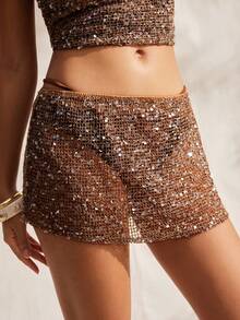 Easelle 女士透视性感亮片迷你裙 - 棕色 - 查看 5