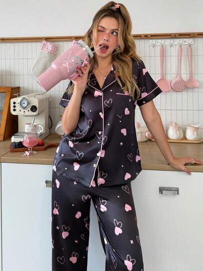 SweetSlumber Damen süßer, niedlicher Kontrast-Farben Herz- & Stern-Muster Satin Pyjama Set