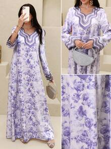 Al Najma 女士花卉图案V领长袖优雅阿拉伯连衣裙 - 紫色 - 查看 2