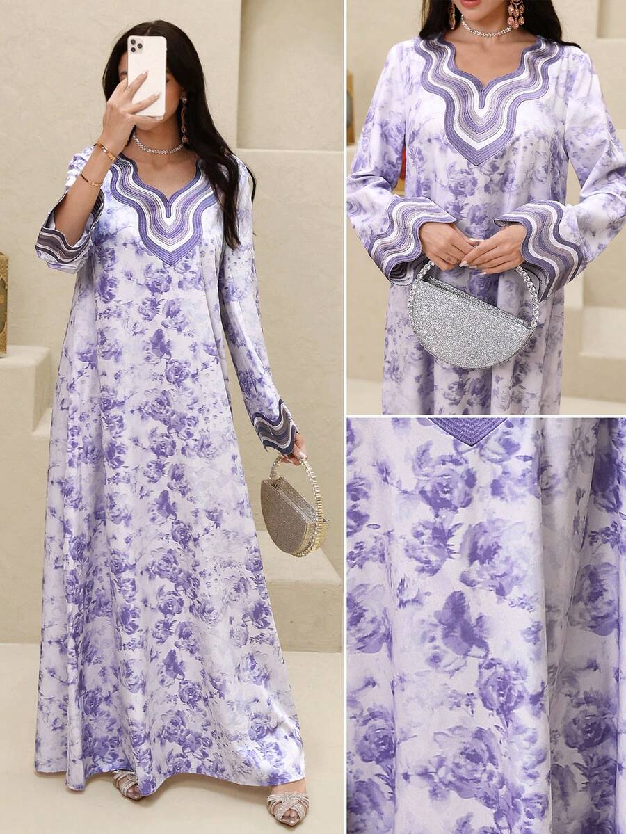 Al Najma 女士花卉图案V领长袖优雅阿拉伯连衣裙