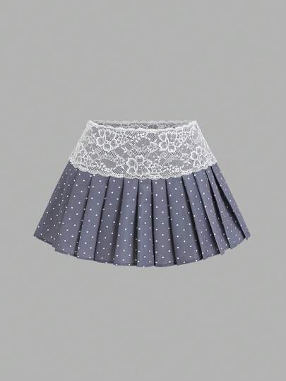 Sweetra 女士波点蕾丝拼接短百褶裙，夏季