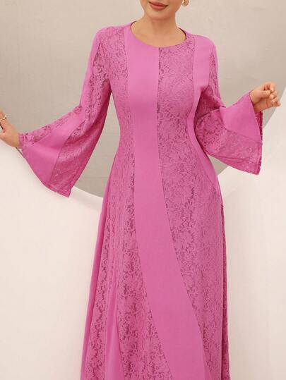 Graceveil Elegant Round Neck Lace Patchwork Asymmetrical Design Long Sleeve Waist Cinched Flared Dress For Women Abaya Dubai Abaya Plus Size