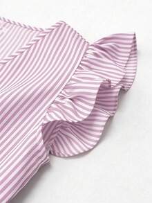 SHEIN Holidaya 女士V领叶边条纹修身A字连衣裙，适合春夏穿着，休闲度假时尚连衣裙，条纹连衣裙，春夏服装，外套，蓝白条纹连衣裙 - 紫色 - 查看 5