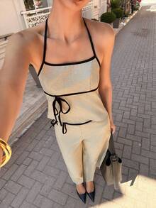 Siren Gaze Summer New Women's Contrast Color Spaghetti Strap Top And Thick Waist Tie Waist Pants 2 Pieces Set, Casual Vacation Outfit , Beach Outfits, Summer Casual Wear Women Vacation Outfit Sets Women's Summer Outfits Women's Summer Co Ord Women 2 Pieces Outfit Casual Women Outfits Sets,Work Outfits For Women Leisure Sets For Women Boat Cruise Outfit Women 2 Piece Set - Apricot - View 9