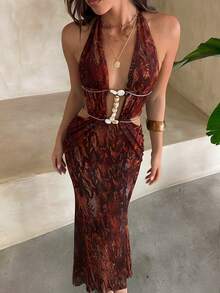 Aloruh 女士印花镂空露腰露背连衣裙，波西米亚风动物纹串珠露腰露背连衣裙，夏季沙滩裙，女士沙滩度假装，度假连衣裙，女士热带度假装，热带度假女装，性感露背连衣裙 - 棕色 - 查看 1