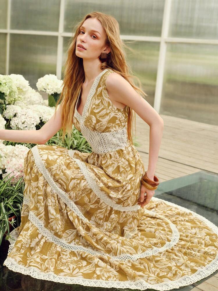 FLORAL PRINT CONTRAST LACE DRESS, VACATION STYLE