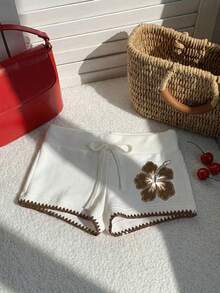 SHEIN EZwear 棕色简约防起球刺绣饰边抽绳修身短裤，花卉印花，适合夏季、度假、海滩派对 - 白色 - 查看 8